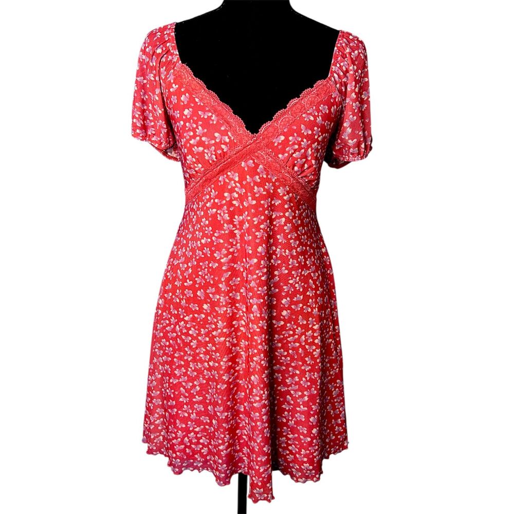Womens Coral Pink Floral Babydoll Mini Dress Sz S‎ Y2K Boho Fairy Cottagecore